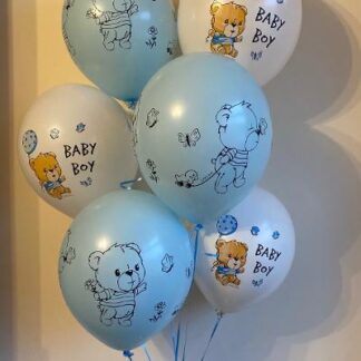 A mixture of 6 balloons in blue & white. With printed Teddys & "baby boy" quotes.