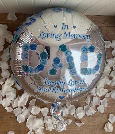 Round silver balloon with "In Loving Memory Dad" in blue.
