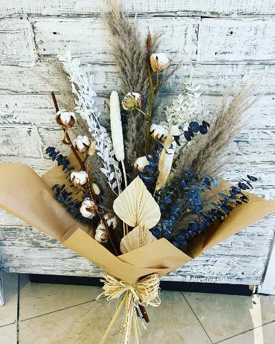 Dried Bouquet including Pampas, Eucalyptus & Cotton. All handtied together in brown paper with a rustic bow.