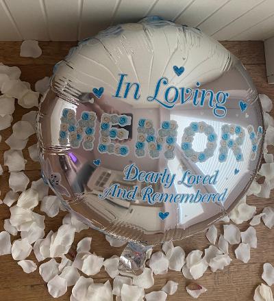 Silver balloon with "In Loving Memory" in Blue
