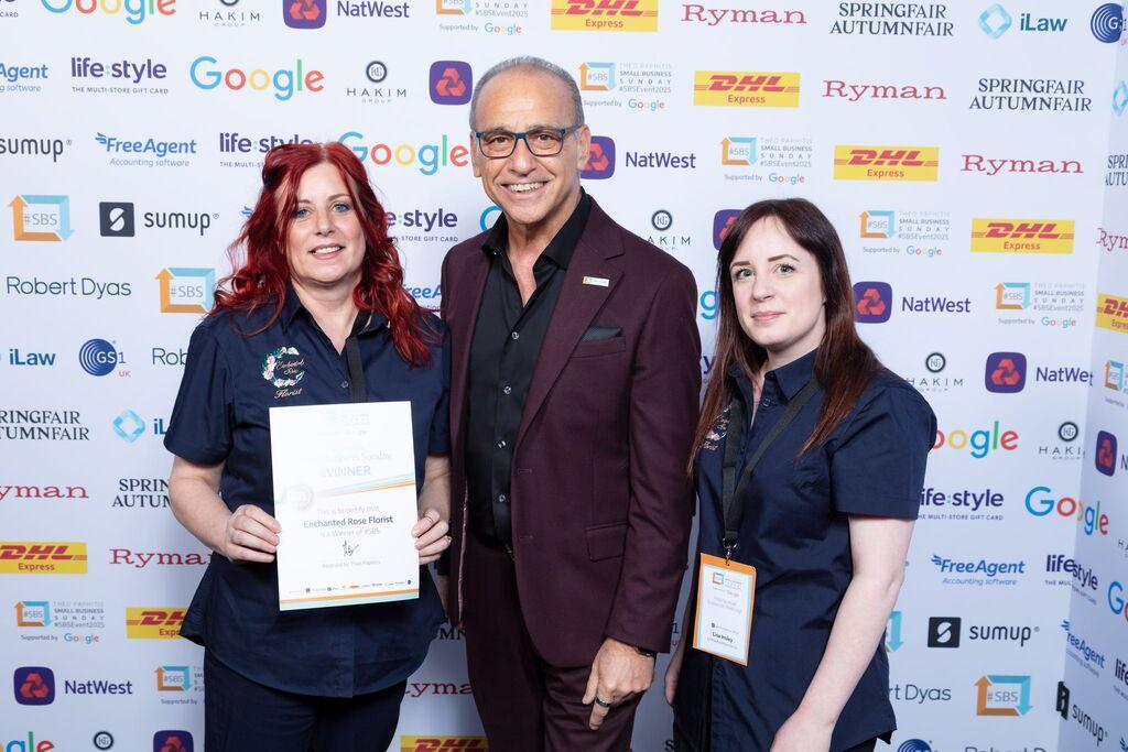 Photo shows Theo Paphitis with Enchanted Rose Florist owners. Theo personally recognised them for their dedicated and passion and presented them with their Small Business Winner Certificate.