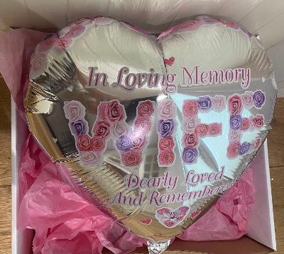 Silver Heart Balloon with pink writing. In loving memory, wife.