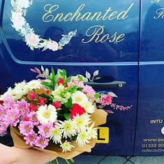 Image of Enchanted Rose Florist's delivery van and a bouquet of flowers.
